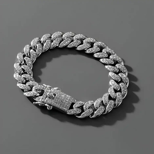Men's Silver Stainless Steel Studded Bracelet with American Diamonds