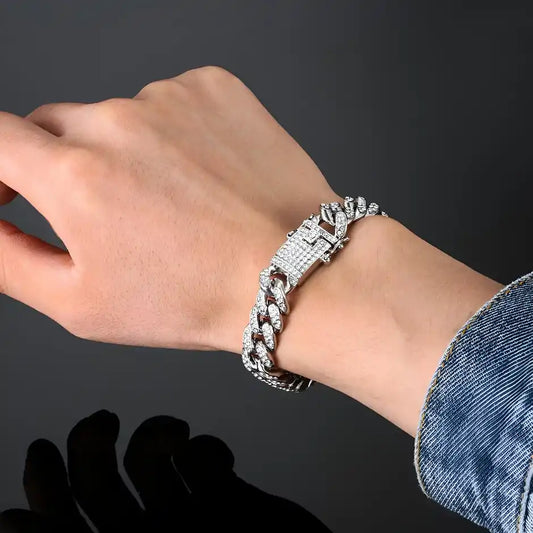 Men's Silver Stainless Steel Studded Bracelet with American Diamonds