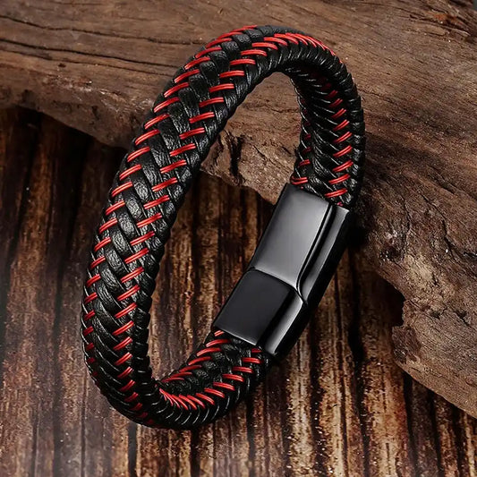 Men's Black & Red Braided Leather Wraparound Bracelet