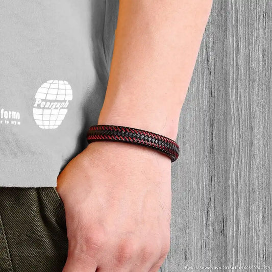 Men's Black & Red Braided Leather Wraparound Bracelet